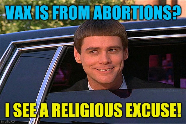 ask your doctor if hypocrisy is right for you | VAX IS FROM ABORTIONS? I SEE A RELIGIOUS EXCUSE! | image tagged in lloyd christmas limo,stupid people,conservative hypocrisy,antivax,misinformation,covid-19 | made w/ Imgflip meme maker