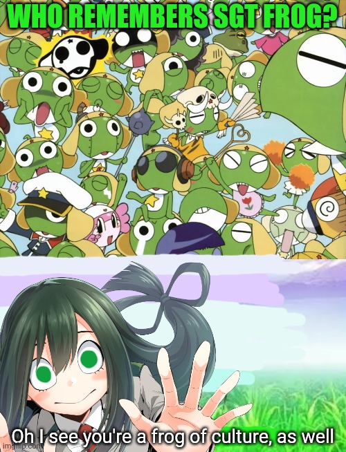 Sgt Frog. | WHO REMEMBERS SGT FROG? Oh I see you're a frog of culture, as well | image tagged in ah i see you are a man of culture as well,sgt frog,frog,anime girl,froppy | made w/ Imgflip meme maker