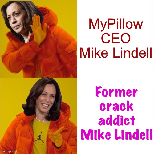 When judging his political prognostications, which of these true labels should we choose? [Meme tags for suggestions] | MyPillow CEO Mike Lindell; Former crack addict Mike Lindell | image tagged in kamala harris hotline bling,mike lindell,crack addict,drug addict,druggie,crackhead | made w/ Imgflip meme maker