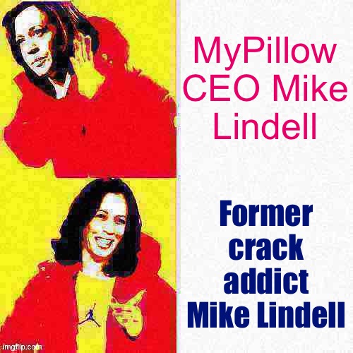 When judging his political prognostications, which of these true labels should we choose? | MyPillow CEO Mike Lindell; Former crack addict Mike Lindell | image tagged in kamala harris hotline bling deep-fried 1 | made w/ Imgflip meme maker