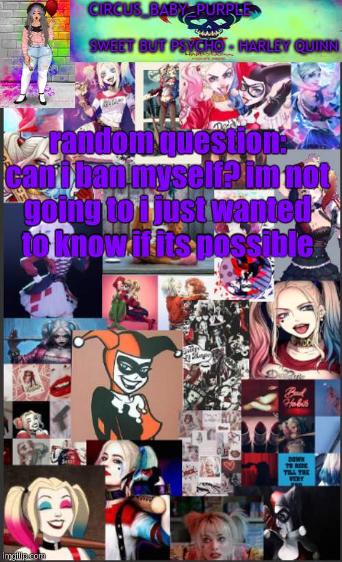 idfk | random question:
can i ban myself? im not going to i just wanted to know if its possible | image tagged in harley quinn temp bc why not | made w/ Imgflip meme maker