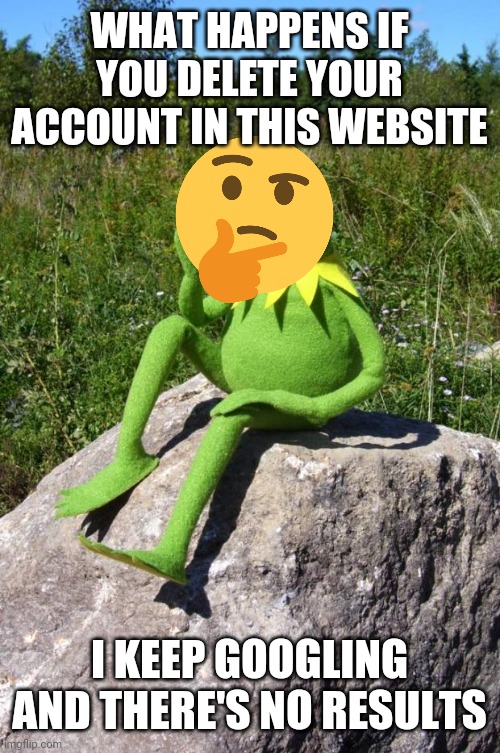 What Happens if you Delete Your Account | WHAT HAPPENS IF YOU DELETE YOUR ACCOUNT IN THIS WEBSITE; I KEEP GOOGLING AND THERE'S NO RESULTS | image tagged in kermit thinking,account | made w/ Imgflip meme maker
