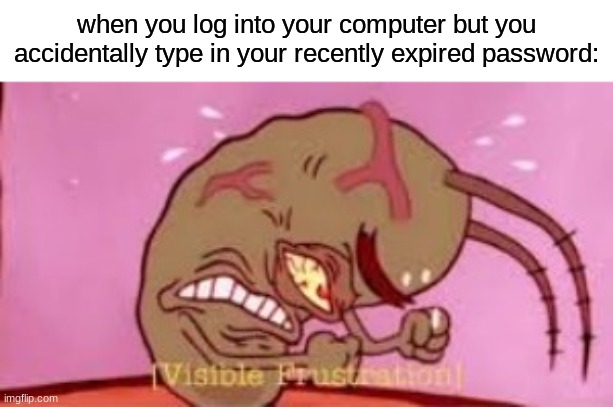 keeps happening to me every time i recently changed my password | when you log into your computer but you accidentally type in your recently expired password: | image tagged in visible frustration,memes,relatable,plankton,password,spongebob squarepants | made w/ Imgflip meme maker