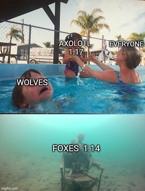 Axolotl | AXOLOTL. 1.17; EVERYONE; WOLVES; FOXES  1.14 | image tagged in mother ignoring kid drowning in a pool | made w/ Imgflip meme maker