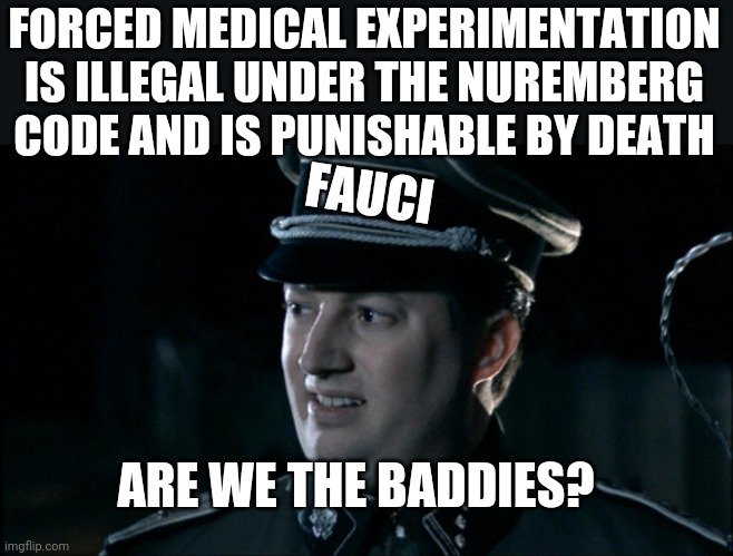 He is the baddie. | FORCED MEDICAL EXPERIMENTATION IS ILLEGAL UNDER THE NUREMBERG CODE AND IS PUNISHABLE BY DEATH; FAUCI; ARE WE THE BADDIES? | image tagged in are we the baddies | made w/ Imgflip meme maker