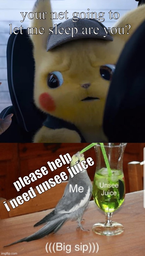  your net going to let me sleep are you? please help i need unsee juice | image tagged in unsettled detective pikachu,unsee juice | made w/ Imgflip meme maker