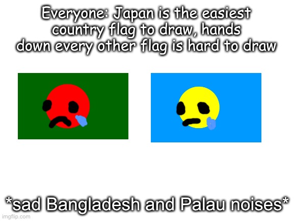 they're like exactly the same | Everyone: Japan is the easiest country flag to draw, hands down every other flag is hard to draw; *sad Bangladesh and Palau noises* | image tagged in blank white template | made w/ Imgflip meme maker