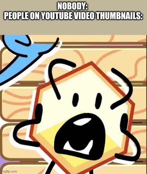 NOBODY: 
PEOPLE ON YOUTUBE VIDEO THUMBNAILS: | made w/ Imgflip meme maker