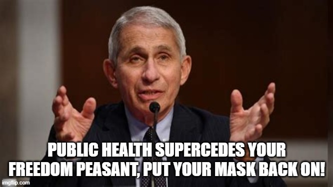 Fauci wants you to give up your freedom | PUBLIC HEALTH SUPERCEDES YOUR FREEDOM PEASANT, PUT YOUR MASK BACK ON! | image tagged in fauci,freedom,supercede,public safety,givve up freedom,freedoms | made w/ Imgflip meme maker