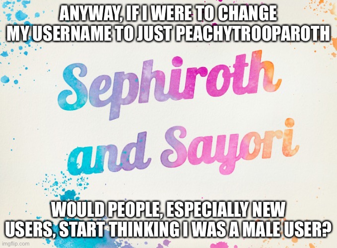 Sayori and Sephiroth | ANYWAY, IF I WERE TO CHANGE MY USERNAME TO JUST PEACHYTROOPAROTH; WOULD PEOPLE, ESPECIALLY NEW USERS, START THINKING I WAS A MALE USER? | image tagged in sayori and sephiroth | made w/ Imgflip meme maker
