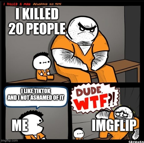 Actually true. Tik tok can be good | I KILLED 20 PEOPLE; I LIKE TIKTOK AND I NOT ASHAMED OF IT; ME; IMGFLIP | image tagged in srgrafo dude wtf | made w/ Imgflip meme maker