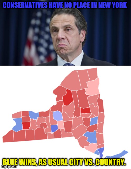 Words from a corrupt extremist governor | CONSERVATIVES HAVE NO PLACE IN NEW YORK; BLUE WINS, AS USUAL CITY VS. COUNTRY. | image tagged in andrew cuomo,king andy,fuac,new york,liberal vs conservative,nanny state | made w/ Imgflip meme maker