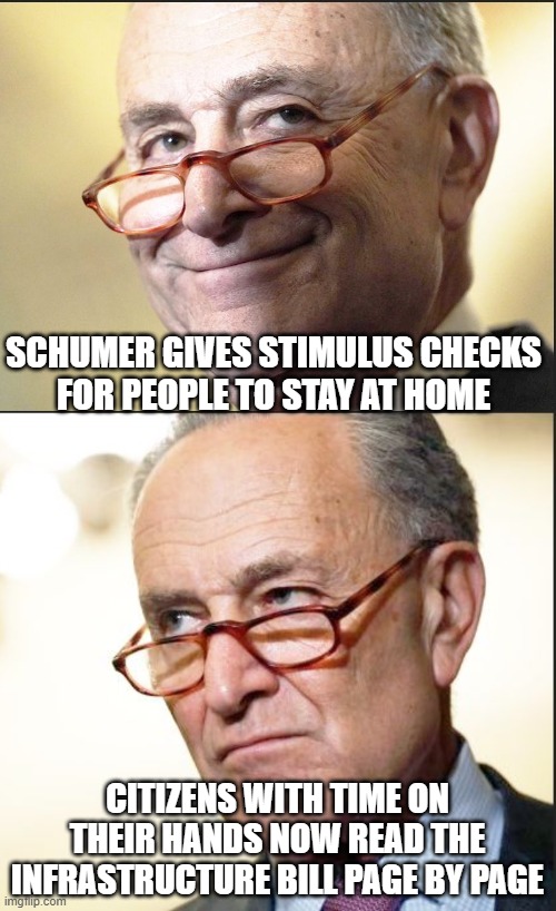 Infrastructure Pork Bill | SCHUMER GIVES STIMULUS CHECKS
FOR PEOPLE TO STAY AT HOME; CITIZENS WITH TIME ON THEIR HANDS NOW READ THE INFRASTRUCTURE BILL PAGE BY PAGE | image tagged in schumer,pelosi,democrats,liberals,biden,infrastructure | made w/ Imgflip meme maker