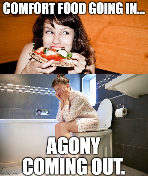 Not this shit again. | COMFORT FOOD GOING IN... AGONY COMING OUT. | image tagged in comfort,uncomfortable,shit,pooping,girls poop too | made w/ Imgflip meme maker