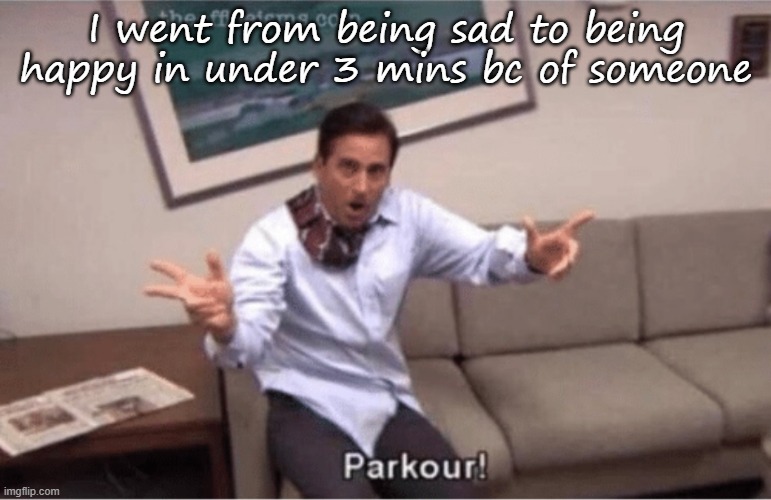 parkour! | I went from being sad to being happy in under 3 mins bc of someone | image tagged in parkour | made w/ Imgflip meme maker
