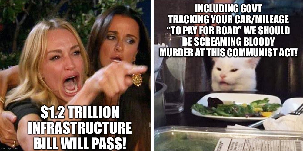 $1.2 Trillion Infrastructure Bill Includes Big Brother! | INCLUDING GOVT TRACKING YOUR CAR/MILEAGE “TO PAY FOR ROAD” WE SHOULD BE SCREAMING BLOODY MURDER AT THIS COMMUNIST ACT! $1.2 TRILLION INFRASTRUCTURE BILL WILL PASS! | image tagged in smudge the cat,government car tracking in new bill,communist infrastructure bill,political meme | made w/ Imgflip meme maker