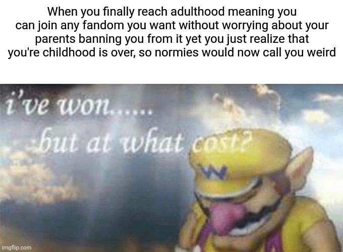 Seriously. Don't grow up too fast. | When you finally reach adulthood meaning you can join any fandom you want without worrying about your parents banning you from it yet you just realize that you're childhood is over, so normies would now call you weird | image tagged in ive won but at what cost | made w/ Imgflip meme maker