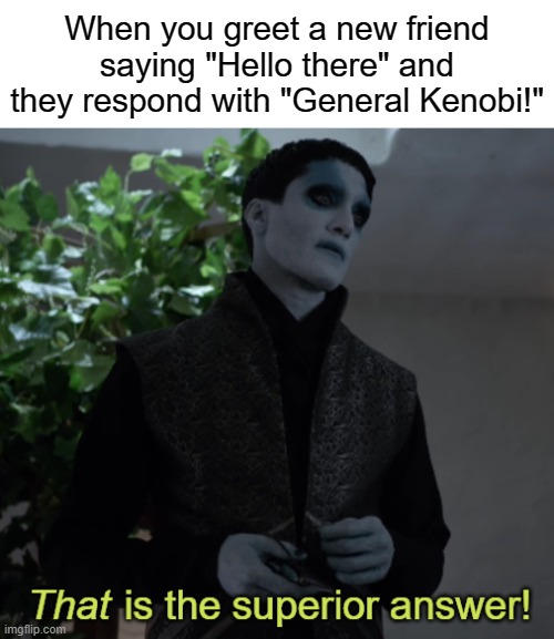 That is the superior answer | When you greet a new friend saying "Hello there" and they respond with "General Kenobi!" | image tagged in that is the superior answer,star wars | made w/ Imgflip meme maker