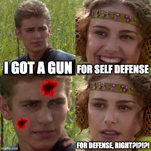 Anakin Padme 4 Panel | I GOT A GUN; FOR SELF DEFENSE; FOR DEFENSE, RIGHT?!?!?! | image tagged in anakin padme 4 panel | made w/ Imgflip meme maker