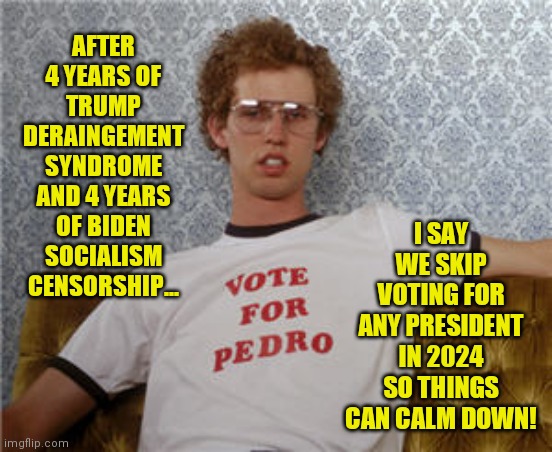 Maybe voting is not helping because politicians want power over you, they don't want to hear your problems. | AFTER 4 YEARS OF TRUMP DERAINGEMENT SYNDROME AND 4 YEARS OF BIDEN SOCIALISM CENSORSHIP... I SAY WE SKIP VOTING FOR ANY PRESIDENT IN 2024 SO THINGS CAN CALM DOWN! | image tagged in vote for pedro,voting,political correctness | made w/ Imgflip meme maker