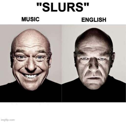 :) | "SLURS"; MUSIC; ENGLISH | image tagged in breaking bad smile frown | made w/ Imgflip meme maker