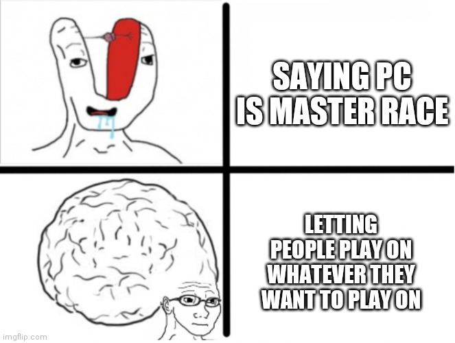 I almost joined the PC Master race side but i managed to resist it | SAYING PC IS MASTER RACE; LETTING PEOPLE PLAY ON WHATEVER THEY WANT TO PLAY ON | image tagged in small brain big brain drake,consoles,pc gaming,mobile | made w/ Imgflip meme maker