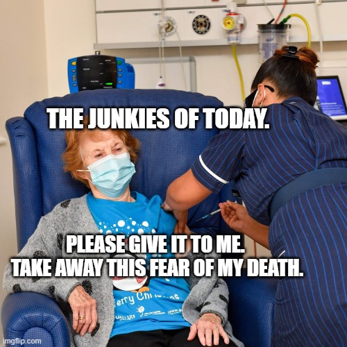 COVID Vaccine | THE JUNKIES OF TODAY. PLEASE GIVE IT TO ME.    TAKE AWAY THIS FEAR OF MY DEATH. | image tagged in covid vaccine | made w/ Imgflip meme maker