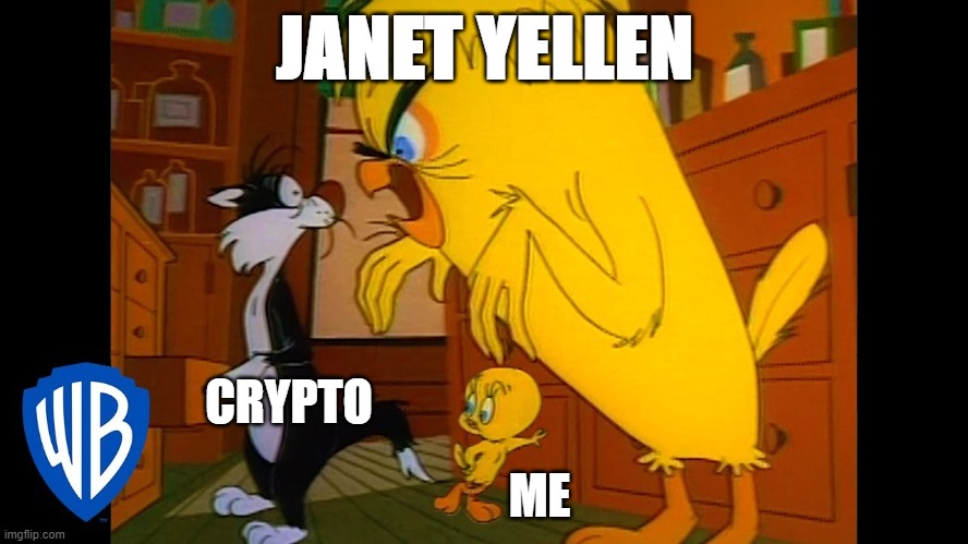 Janet Yellen be like monster Tweety | JANET YELLEN; CRYPTO; ME | image tagged in crypto,cryptocurrency | made w/ Imgflip meme maker