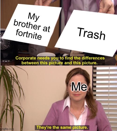 They're The Same Picture Meme | My brother at fortnite; Trash; Me | image tagged in memes,they're the same picture | made w/ Imgflip meme maker