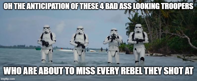 4 Losers | OH THE ANTICIPATION OF THESE 4 BAD ASS LOOKING TROOPERS; WHO ARE ABOUT TO MISS EVERY REBEL THEY SHOT AT | image tagged in stormtroopers beach star wars | made w/ Imgflip meme maker