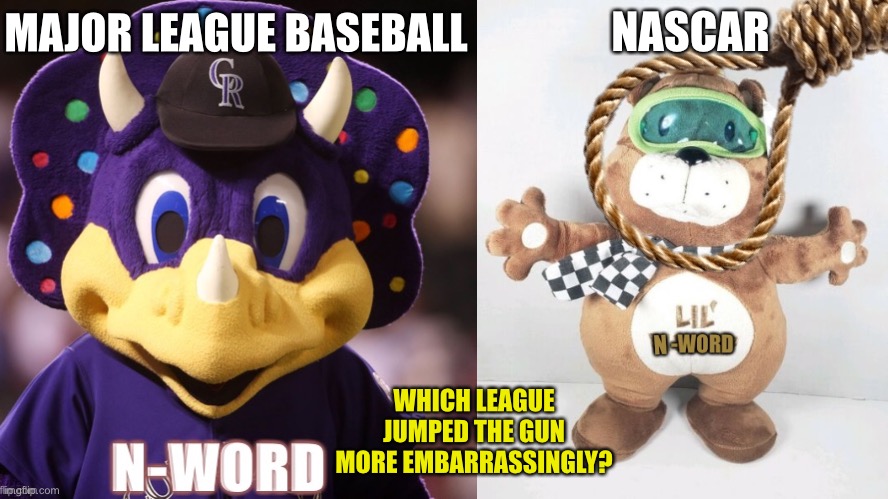 NASCAR and MLB jumped the gun and hung themselves | NASCAR; MAJOR LEAGUE BASEBALL; WHICH LEAGUE JUMPED THE GUN MORE EMBARRASSINGLY? | image tagged in memes,nascar,baseball,racist,noose,n word | made w/ Imgflip meme maker