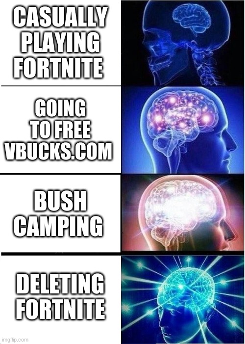 have big brains | CASUALLY PLAYING FORTNITE; GOING TO FREE VBUCKS.COM; BUSH CAMPING; DELETING FORTNITE | image tagged in memes,expanding brain | made w/ Imgflip meme maker