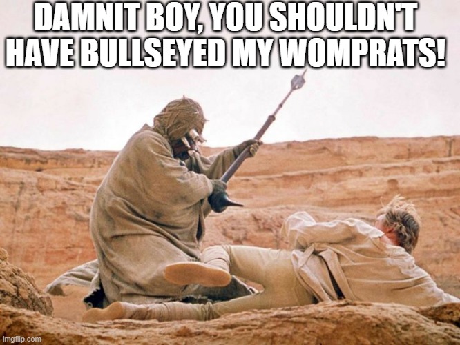 Luke Did a Bad Thing | DAMNIT BOY, YOU SHOULDN'T HAVE BULLSEYED MY WOMPRATS! | image tagged in star wars sandpeople/tusken raiders luke skywalker | made w/ Imgflip meme maker