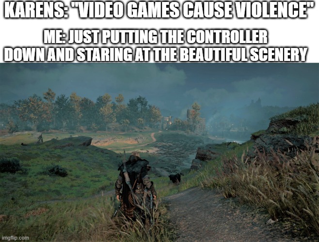 GAMES THESE DAYS HAVE GREAT SCENERY | KARENS: "VIDEO GAMES CAUSE VIOLENCE"; ME: JUST PUTTING THE CONTROLLER DOWN AND STARING AT THE BEAUTIFUL SCENERY | image tagged in video games,karens,assassins creed,valhalla | made w/ Imgflip meme maker
