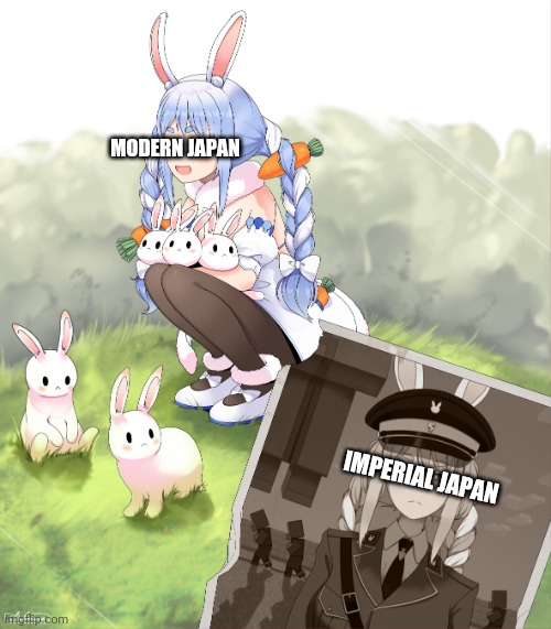 I don't want to talk about the 76th anniversary of Hiroshima and Nagasaki. I don't like talking about particular nations when th | MODERN JAPAN; IMPERIAL JAPAN | image tagged in cute pekora vs fascist pekora,modern,world war ii,hololive,world war 2 | made w/ Imgflip meme maker