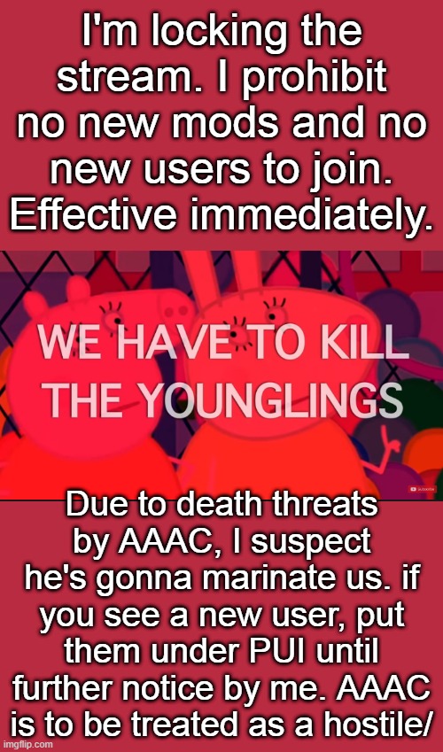 we have to kill the younglings | I'm locking the stream. I prohibit no new mods and no new users to join. Effective immediately. Due to death threats by AAAC, I suspect he's gonna marinate us. if you see a new user, put them under PUI until further notice by me. AAAC is to be treated as a hostile/ | image tagged in we have to kill the younglings | made w/ Imgflip meme maker
