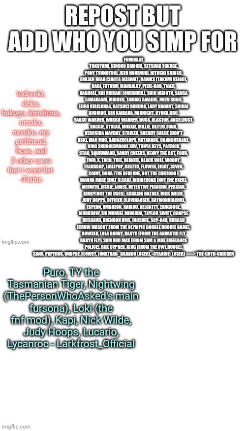 Puro, TY the Tasmanian Tiger, Nightwing (ThePersonWhoAsked's main fursona), Loki (the fnf mod), Kapi, Nick Wilde, Judy Hoops, Lucario, Lycanroc - Larkfrost_Official | made w/ Imgflip meme maker