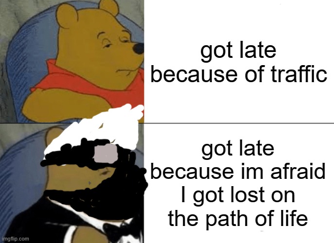 Tuxedo Winnie The Pooh Meme | got late because of traffic; got late because im afraid I got lost on the path of life | image tagged in memes,tuxedo winnie the pooh | made w/ Imgflip meme maker