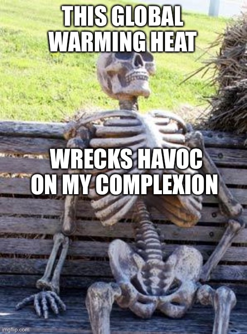 Waiting Skeleton | THIS GLOBAL WARMING HEAT; WRECKS HAVOC ON MY COMPLEXION | image tagged in memes,waiting skeleton | made w/ Imgflip meme maker