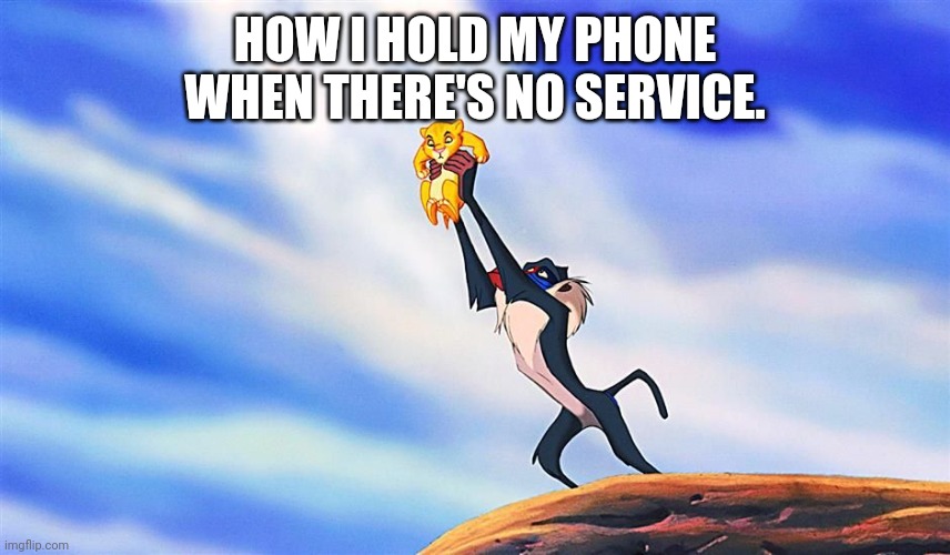 Lion King Rafiki Simba | HOW I HOLD MY PHONE WHEN THERE'S NO SERVICE. | image tagged in phone | made w/ Imgflip meme maker