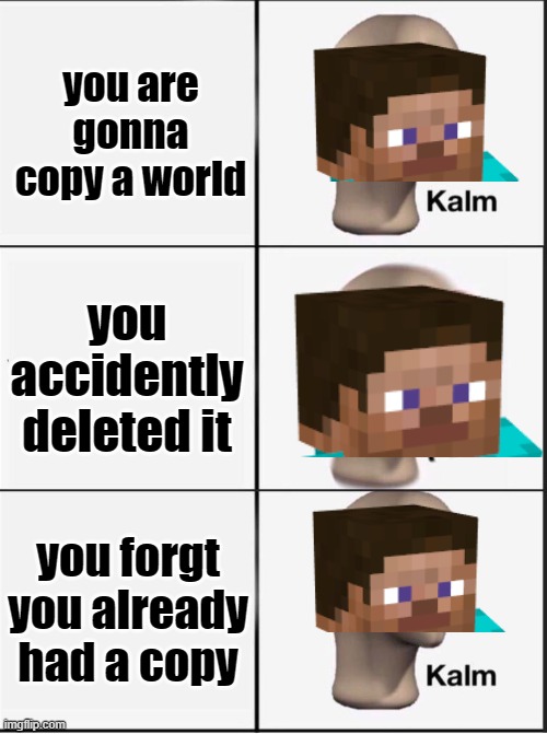 lol | you are gonna copy a world; you accidently deleted it; you forgt you already had a copy | image tagged in reverse kalm panik | made w/ Imgflip meme maker