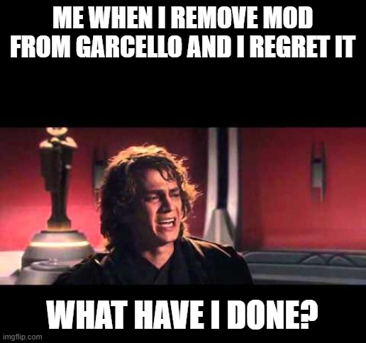 untitled | ME WHEN I REMOVE MOD FROM GARCELLO AND I REGRET IT; WHAT HAVE I DONE? | image tagged in anakin what have i done | made w/ Imgflip meme maker