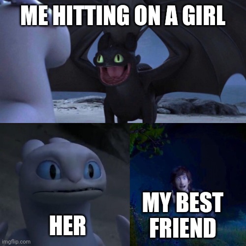Toothless meme | ME HITTING ON A GIRL; MY BEST FRIEND; HER | image tagged in toothless meme | made w/ Imgflip meme maker