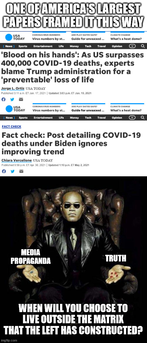 ONE OF AMERICA'S LARGEST PAPERS FRAMED IT THIS WAY; MEDIA PROPAGANDA; TRUTH; WHEN WILL YOU CHOOSE TO LIVE OUTSIDE THE MATRIX THAT THE LEFT HAS CONSTRUCTED? | image tagged in morpheus blue red pill | made w/ Imgflip meme maker