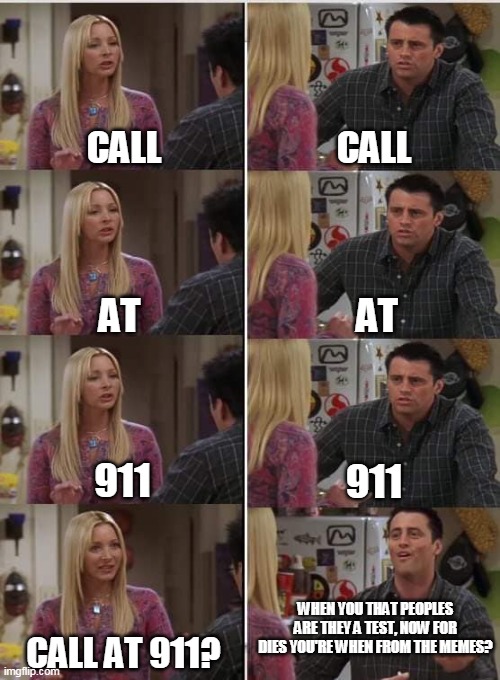 Phoebe Joey | CALL; CALL; AT; AT; 911; 911; WHEN YOU THAT PEOPLES ARE THEY A TEST, NOW FOR DIES YOU'RE WHEN FROM THE MEMES? CALL AT 911? | image tagged in phoebe joey | made w/ Imgflip meme maker