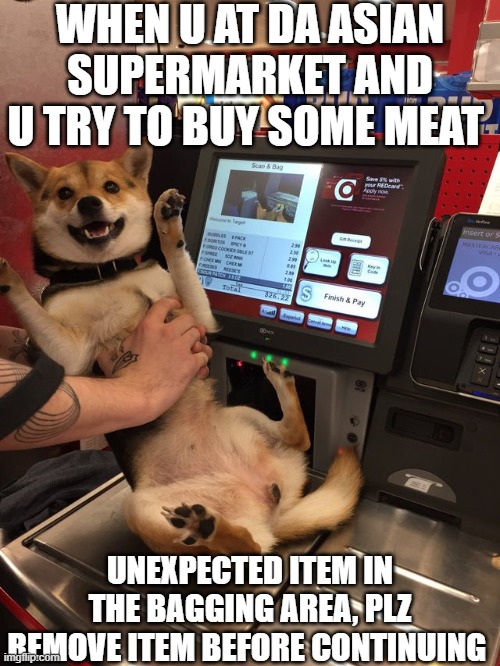 unexpected item in the bagging area | WHEN U AT DA ASIAN SUPERMARKET AND U TRY TO BUY SOME MEAT; UNEXPECTED ITEM IN THE BAGGING AREA, PLZ REMOVE ITEM BEFORE CONTINUING | image tagged in funny memes | made w/ Imgflip meme maker