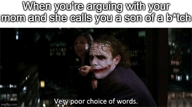 Very poor choice of words | When you're arguing with your mom and she calls you a son of a b*tch | image tagged in very poor choice of words | made w/ Imgflip meme maker