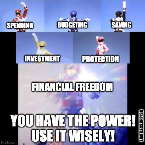 you have the power!use it wisely! |  SAVING; BUDGETING; SPENDING; INVESTMENT; PROTECTION; FINANCIAL FREEDOM; YOU HAVE THE POWER!
USE IT WISELY! LIMITLESS.APP/SG | image tagged in power rangers,budgeting,investment,empowerment,financial freedom,limitless | made w/ Imgflip meme maker