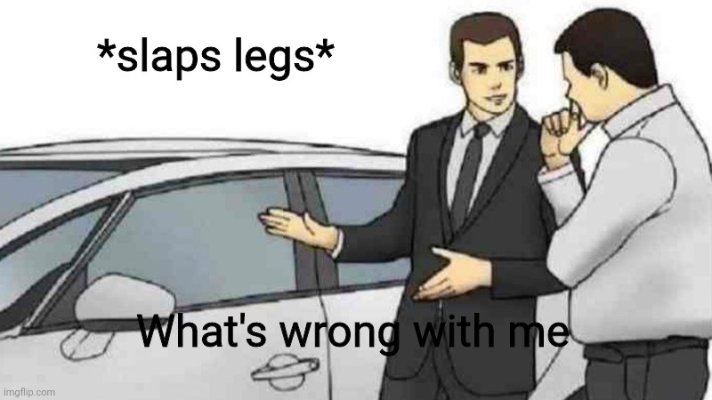Car Salesman Slaps Roof Of Car Meme | *slaps legs* What's wrong with me | image tagged in memes,car salesman slaps roof of car | made w/ Imgflip meme maker