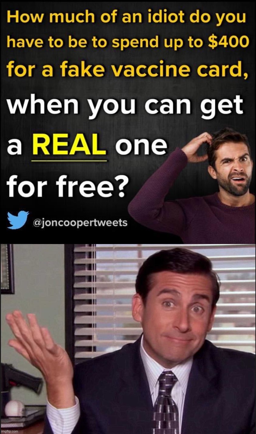 Covidiots are really paying hundreds of dollars on this crap rather than taking the dang vax for free. Welcome to idiocracy. | image tagged in fake vaccine cards,michael scott,antivax,anti-vaxx,covidiots,vaccinations | made w/ Imgflip meme maker